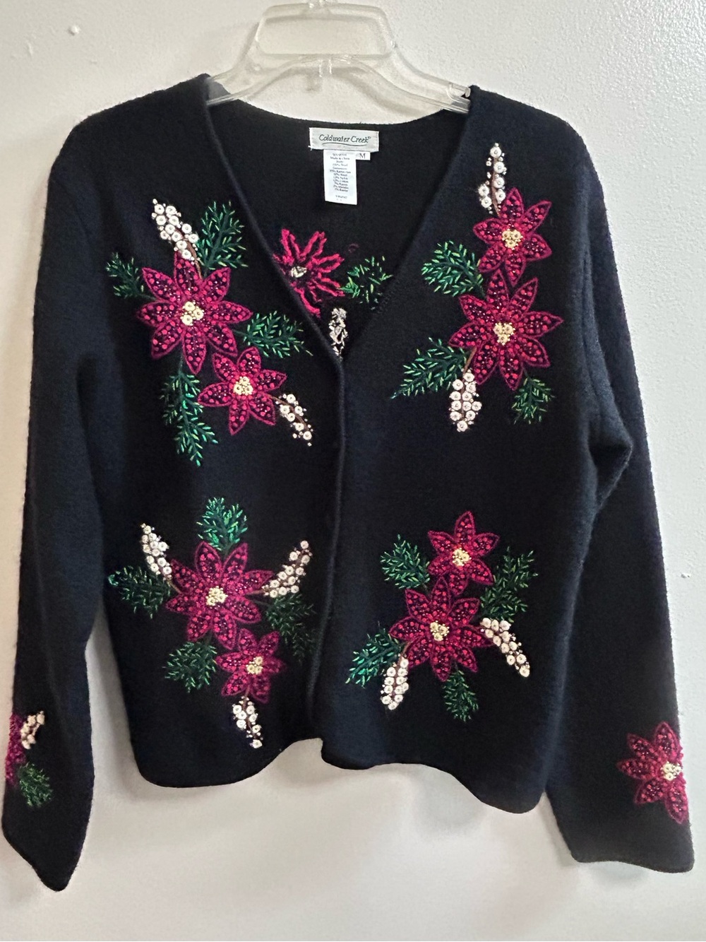 VTG Coldwater Creek Embroidered Beaded Poinsettia Christmas Cardigan Sweater M